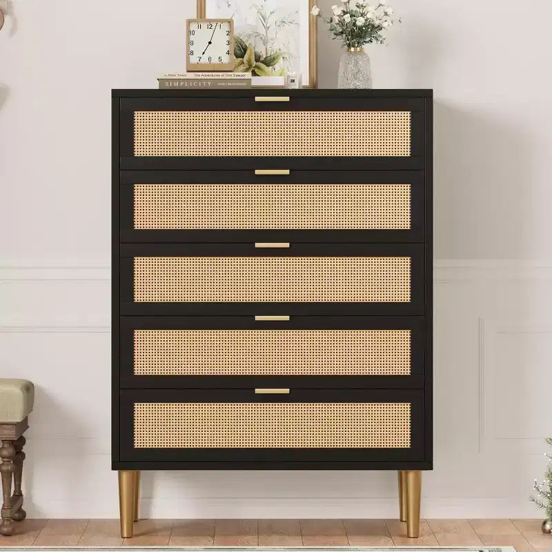 Commode 44 tiroirs en rotin – Commode bohème moderne avec accents dorés pour chambre et salon