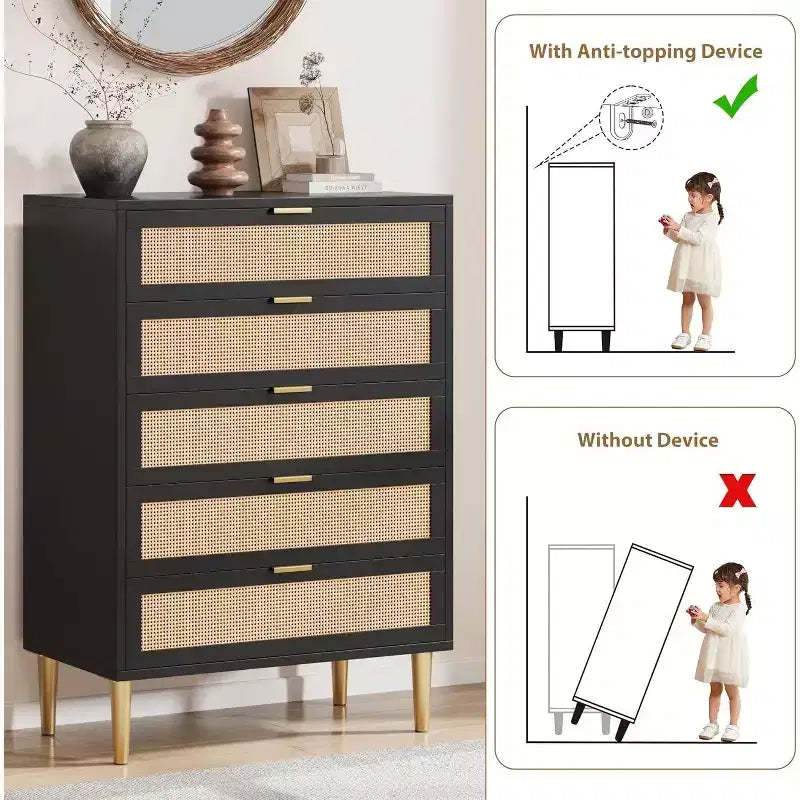 Commode 44 tiroirs en rotin – Commode bohème moderne avec accents dorés pour chambre et salon