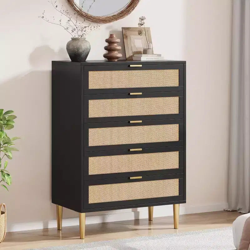 Commode 44 tiroirs en rotin – Commode bohème moderne avec accents dorés pour chambre et salon
