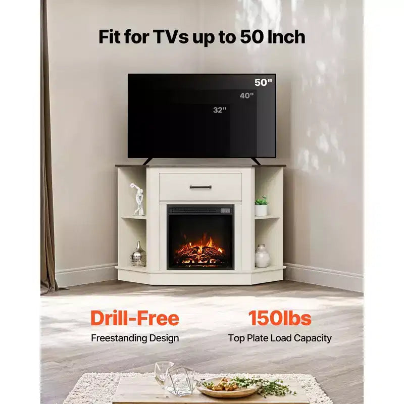 Meuble TV cheminée VEVOR, pour téléviseurs jusqu'à 50 pouces, meuble de divertissement style ferme avec cheminée de 18 pouces, blanc