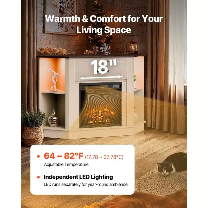 Meuble TV cheminée VEVOR, pour téléviseurs jusqu'à 50 pouces, meuble de divertissement style ferme avec cheminée de 18 pouces, blanc