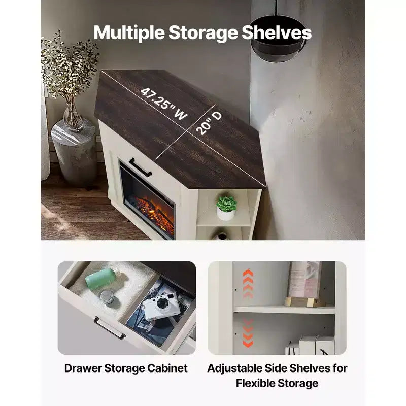Meuble TV cheminée VEVOR, pour téléviseurs jusqu'à 50 pouces, meuble de divertissement style ferme avec cheminée de 18 pouces, blanc