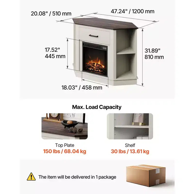 Meuble TV cheminée VEVOR, pour téléviseurs jusqu'à 50 pouces, meuble de divertissement style ferme avec cheminée de 18 pouces, blanc