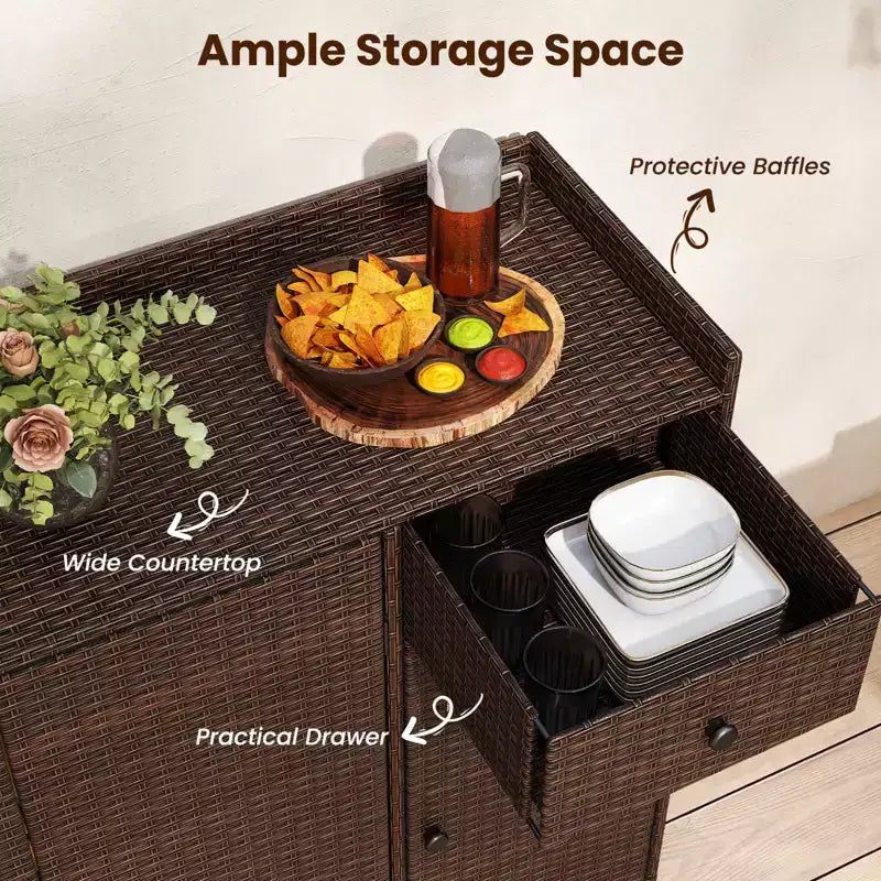Meuble de rangement d'extérieur Costway en résine tressée avec 3 portes, étagères réglables et tiroir