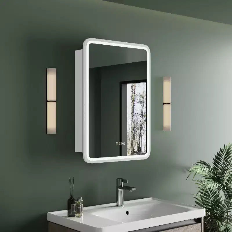 Armoire à pharmacie avec miroir LED, montage en surface ou encastré, désembueur, fonction mémoire, éclairage 3 couleurs, USB et prise, variateur, étagère de rangement