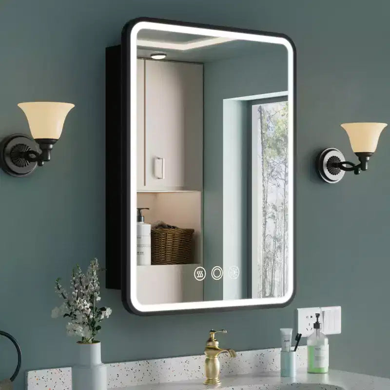 Armoire à pharmacie avec miroir LED, montage en surface ou encastré, désembueur, fonction mémoire, éclairage 3 couleurs, USB et prise, variateur, étagère de rangement
