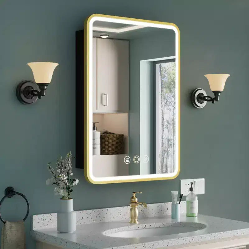 Armoire à pharmacie avec miroir LED, montage en surface ou encastré, désembueur, fonction mémoire, éclairage 3 couleurs, USB et prise, variateur, étagère de rangement