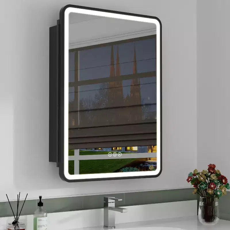 Armoire à pharmacie avec miroir LED, montage en surface ou encastré, désembueur, fonction mémoire, éclairage 3 couleurs, USB et prise, variateur, étagère de rangement