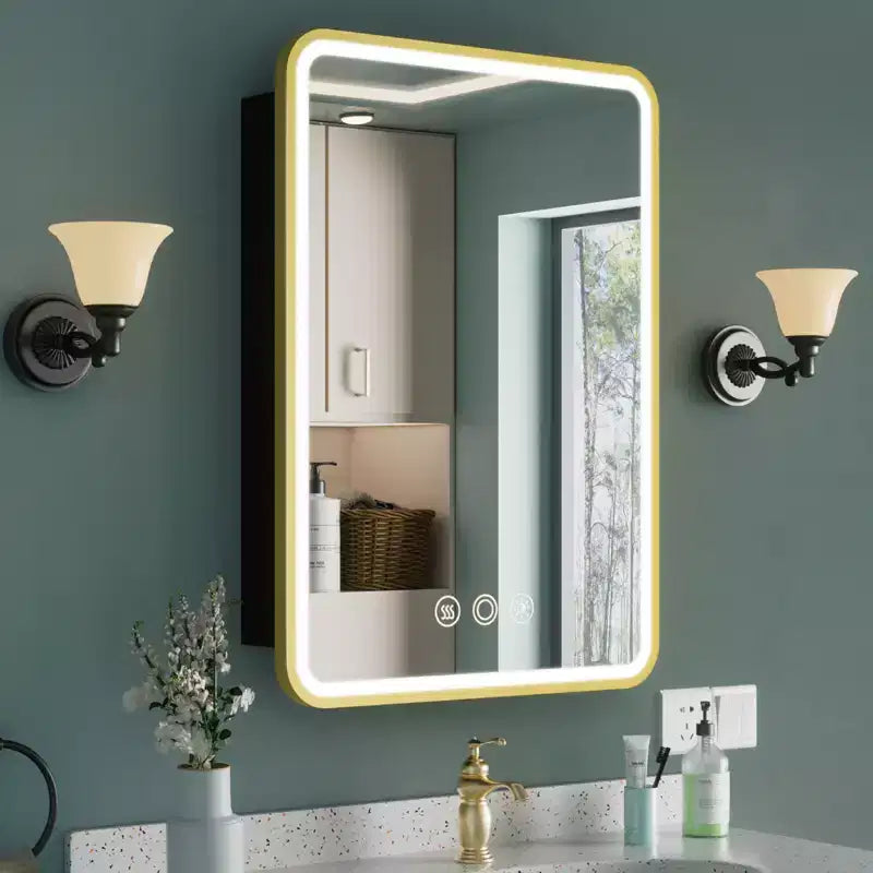 Armoire à pharmacie avec miroir LED, montage en surface ou encastré, désembueur, fonction mémoire, éclairage 3 couleurs, USB et prise, variateur, étagère de rangement