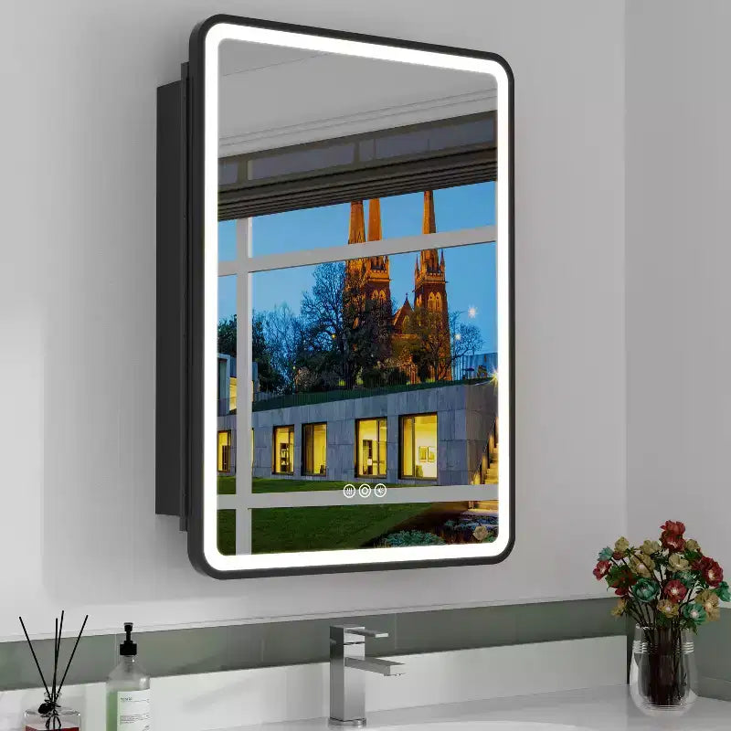 Armoire à pharmacie avec miroir LED, montage en surface ou encastré, désembueur, fonction mémoire, éclairage 3 couleurs, USB et prise, variateur, étagère de rangement