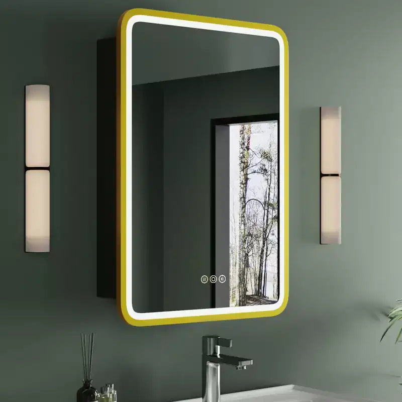Armoire à pharmacie avec miroir LED, montage en surface ou encastré, désembueur, fonction mémoire, éclairage 3 couleurs, USB et prise, variateur, étagère de rangement