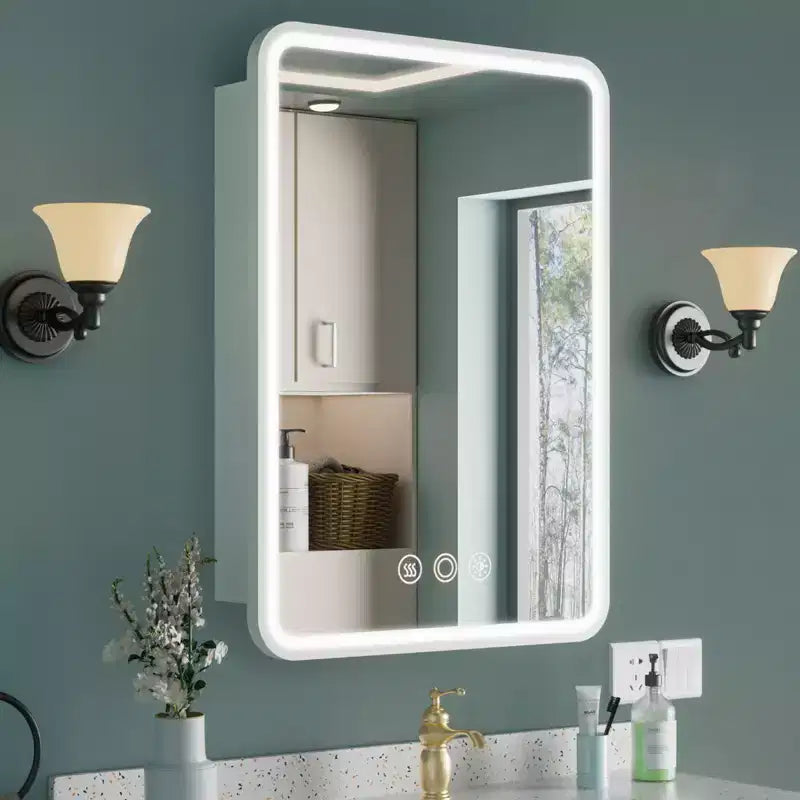 Armoire à pharmacie avec miroir LED, montage en surface ou encastré, désembueur, fonction mémoire, éclairage 3 couleurs, USB et prise, variateur, étagère de rangement