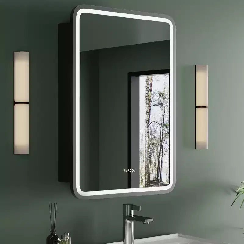 Armoire à pharmacie avec miroir LED, montage en surface ou encastré, désembueur, fonction mémoire, éclairage 3 couleurs, USB et prise, variateur, étagère de rangement