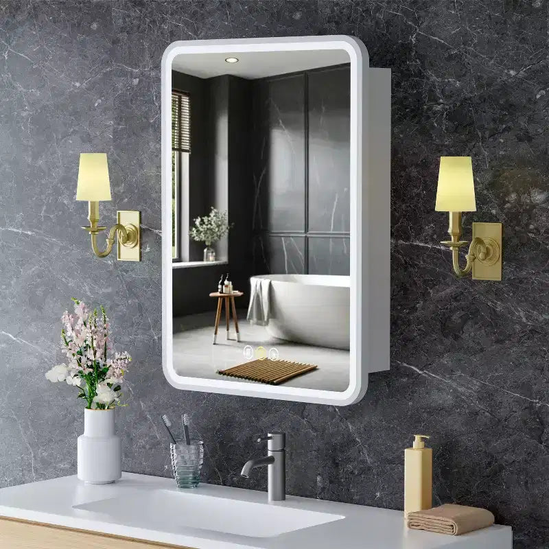 Armoire à pharmacie avec miroir LED, montage en surface ou encastré, désembueur, fonction mémoire, éclairage 3 couleurs, USB et prise, variateur, étagère de rangement