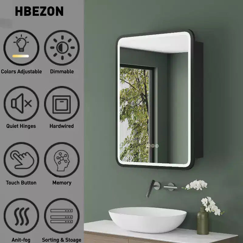 Armoire à pharmacie avec miroir LED, montage en surface ou encastré, désembueur, fonction mémoire, éclairage 3 couleurs, USB et prise, variateur, étagère de rangement