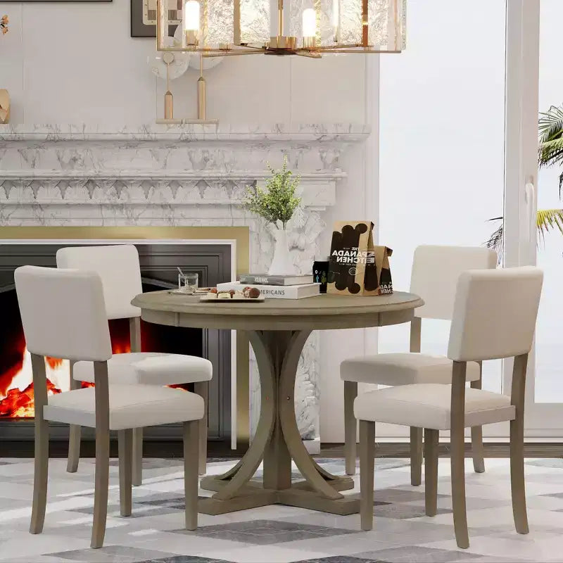 Ensemble de table à manger ronde pour 4 personnes, 5 pièces, style rétro, avec 4 chaises rembourrées