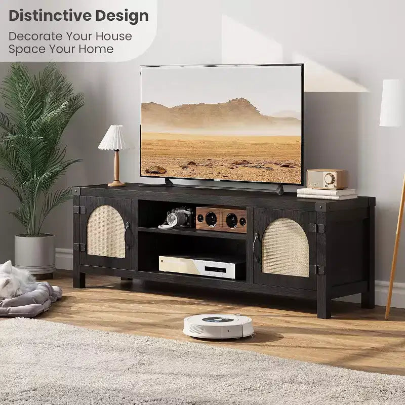 Meuble TV bohème de 59 po – Meuble de divertissement avec portes en rotin et étagères réglables pour téléviseurs de 65 po