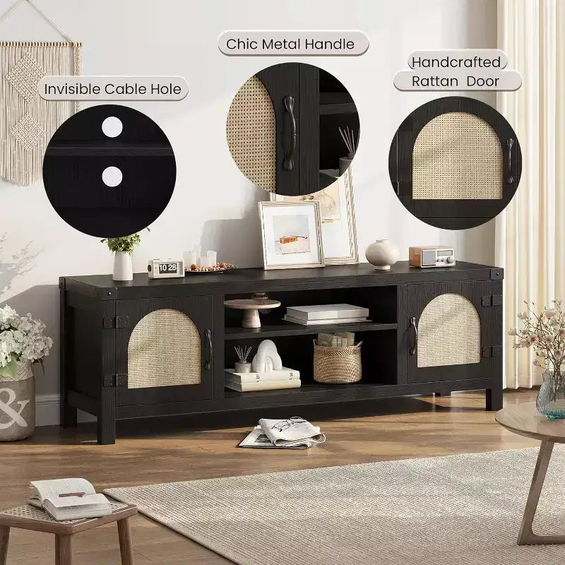 Meuble TV bohème de 59 po – Meuble de divertissement avec portes en rotin et étagères réglables pour téléviseurs de 65 po