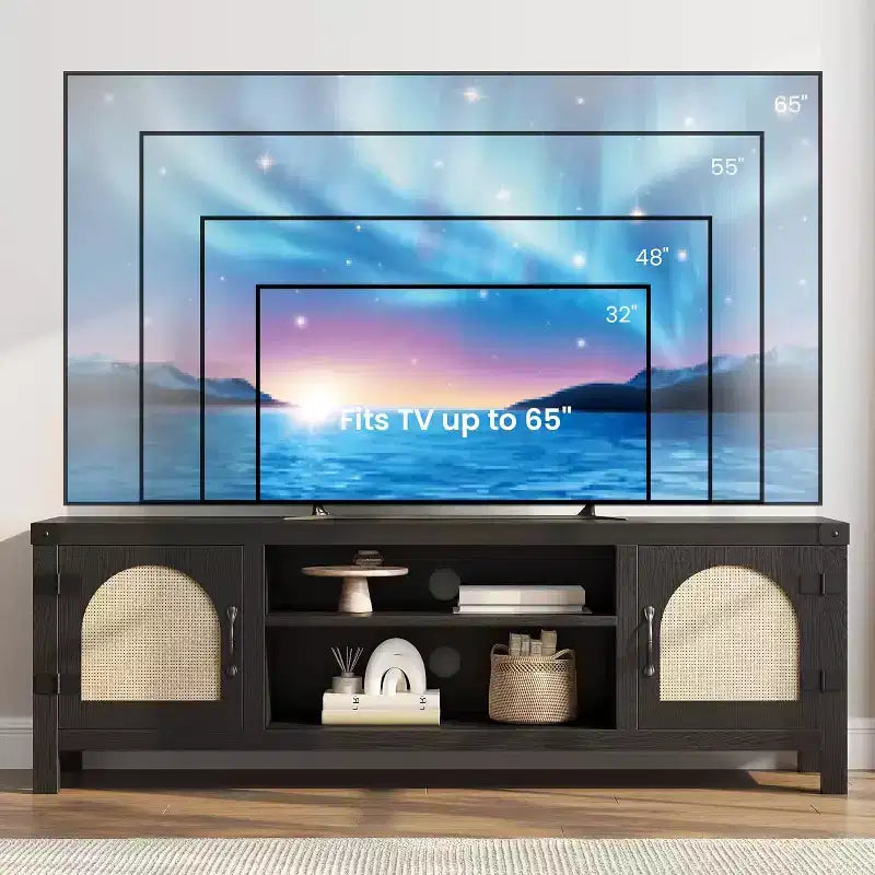 Meuble TV bohème de 59 po – Meuble de divertissement avec portes en rotin et étagères réglables pour téléviseurs de 65 po