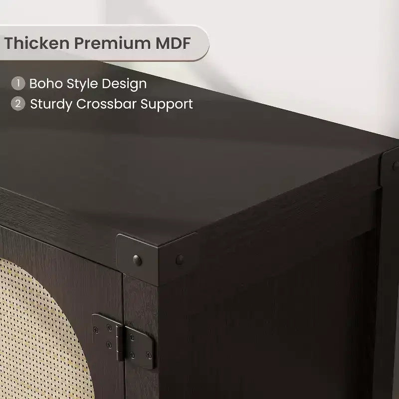 Meuble TV bohème de 59 po – Meuble de divertissement avec portes en rotin et étagères réglables pour téléviseurs de 65 po