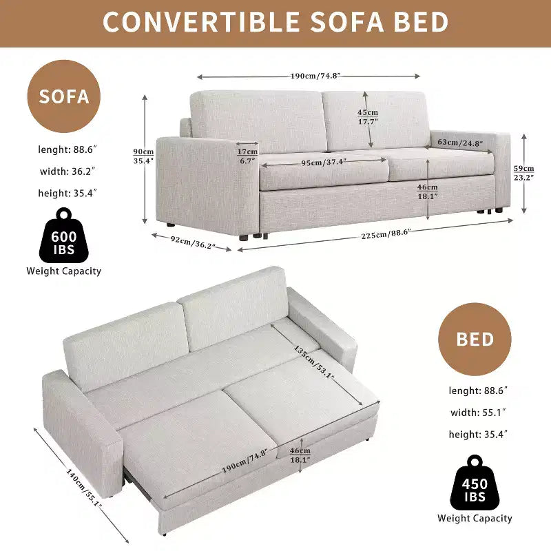 ATJafurn 88.6 Canapé-Lit Convertible, Canapé-Lit Moderne en Tissu Lin, Peu Encombrant pour Appartements, Salons, Chambres, Studios