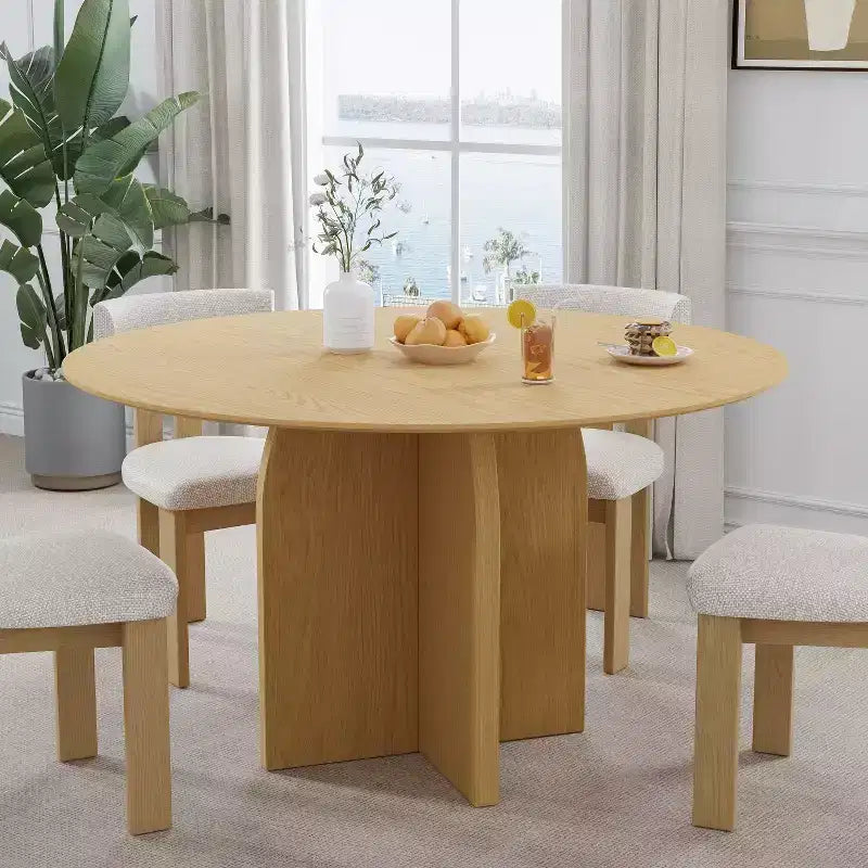 PexFix Table à manger ronde en bois massif de 52 x 52 po avec finition naturelle et pieds arqués élégants pour salles à manger et cuisines modernes