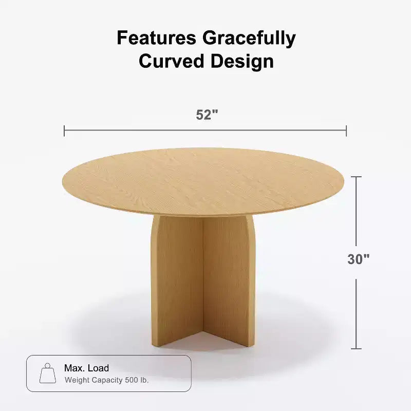 PexFix Table à manger ronde en bois massif de 52 x 52 po avec finition naturelle et pieds arqués élégants pour salles à manger et cuisines modernes