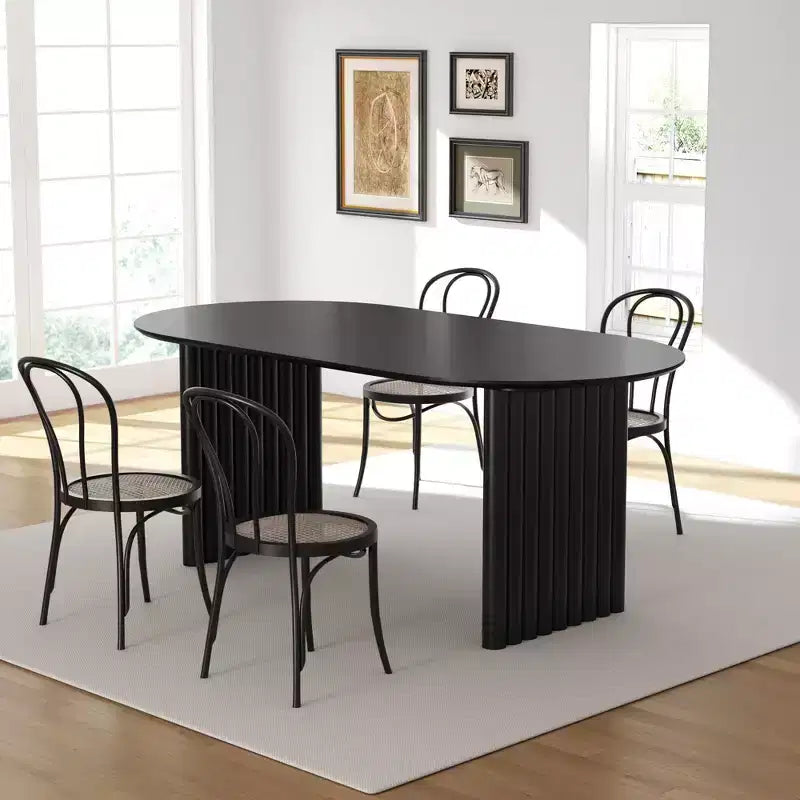 PexFix Table de salle à manger 170 x 85 cm, ovale, en bois, avec plateau anti-rayures et pieds rayés, style ferme moderne, pour salon et cuisine, noire