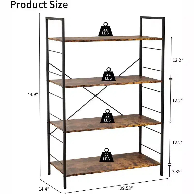 Acekool Étagère Industrielle à 4 Niveaux, Étagère de Rangement Marron avec Cadre en Acier, Barres en X, pour Salon Chambre Bureau, 76 x 35,5 x 114 cm