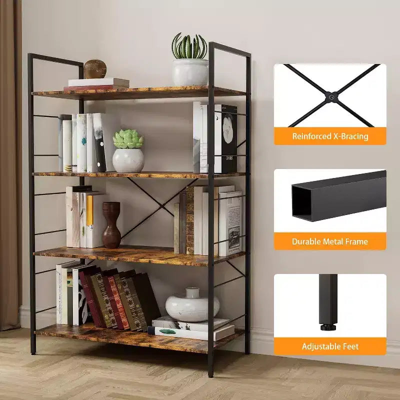 Acekool Étagère Industrielle à 4 Niveaux, Étagère de Rangement Marron avec Cadre en Acier, Barres en X, pour Salon Chambre Bureau, 76 x 35,5 x 114 cm