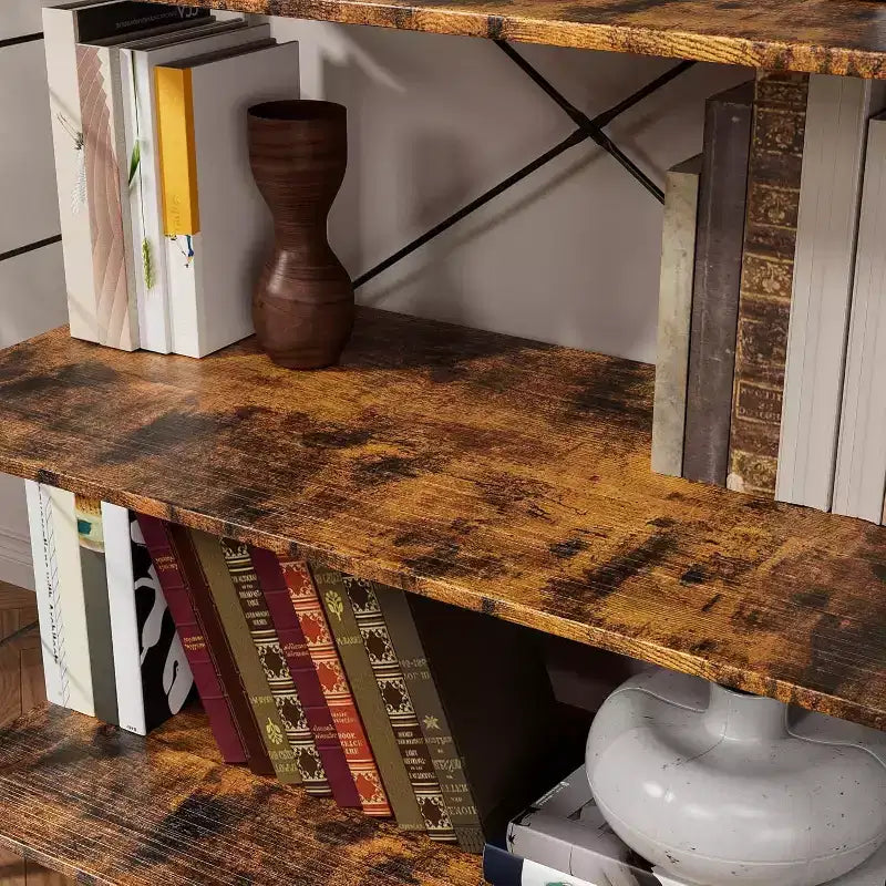 Acekool Étagère Industrielle à 4 Niveaux, Étagère de Rangement Marron avec Cadre en Acier, Barres en X, pour Salon Chambre Bureau, 76 x 35,5 x 114 cm