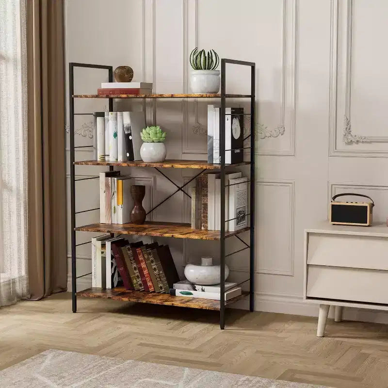 Acekool Étagère Industrielle à 4 Niveaux, Étagère de Rangement Marron avec Cadre en Acier, Barres en X, pour Salon Chambre Bureau, 76 x 35,5 x 114 cm