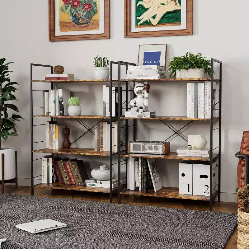 Acekool Étagère Industrielle à 4 Niveaux, Étagère de Rangement Marron avec Cadre en Acier, Barres en X, pour Salon Chambre Bureau, 76 x 35,5 x 114 cm