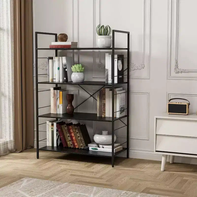 Acekool Étagère Industrielle à 4 Niveaux, Étagère de Rangement Marron avec Cadre en Acier, Barres en X, pour Salon Chambre Bureau, 76 x 35,5 x 114 cm