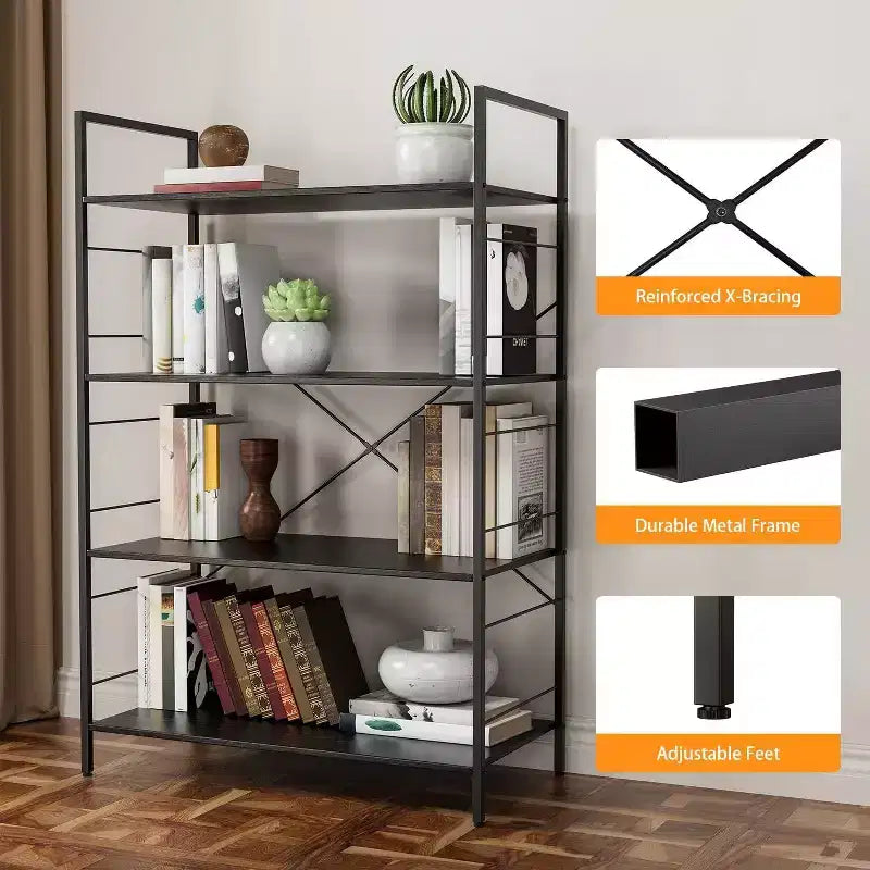 Acekool Étagère Industrielle à 4 Niveaux, Étagère de Rangement Marron avec Cadre en Acier, Barres en X, pour Salon Chambre Bureau, 76 x 35,5 x 114 cm