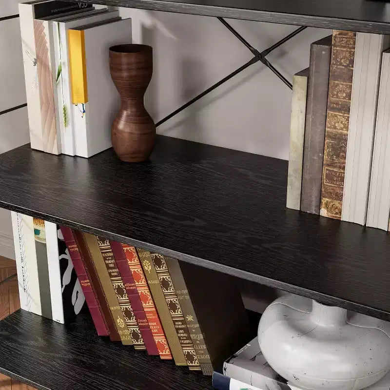 Acekool Étagère Industrielle à 4 Niveaux, Étagère de Rangement Marron avec Cadre en Acier, Barres en X, pour Salon Chambre Bureau, 76 x 35,5 x 114 cm