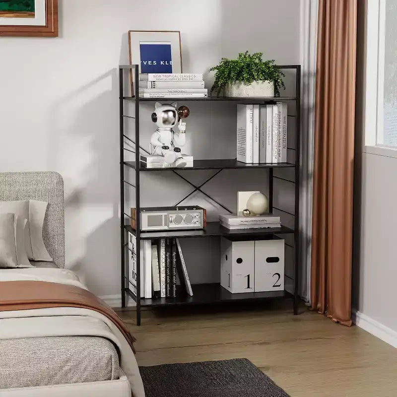 Acekool Étagère Industrielle à 4 Niveaux, Étagère de Rangement Marron avec Cadre en Acier, Barres en X, pour Salon Chambre Bureau, 76 x 35,5 x 114 cm