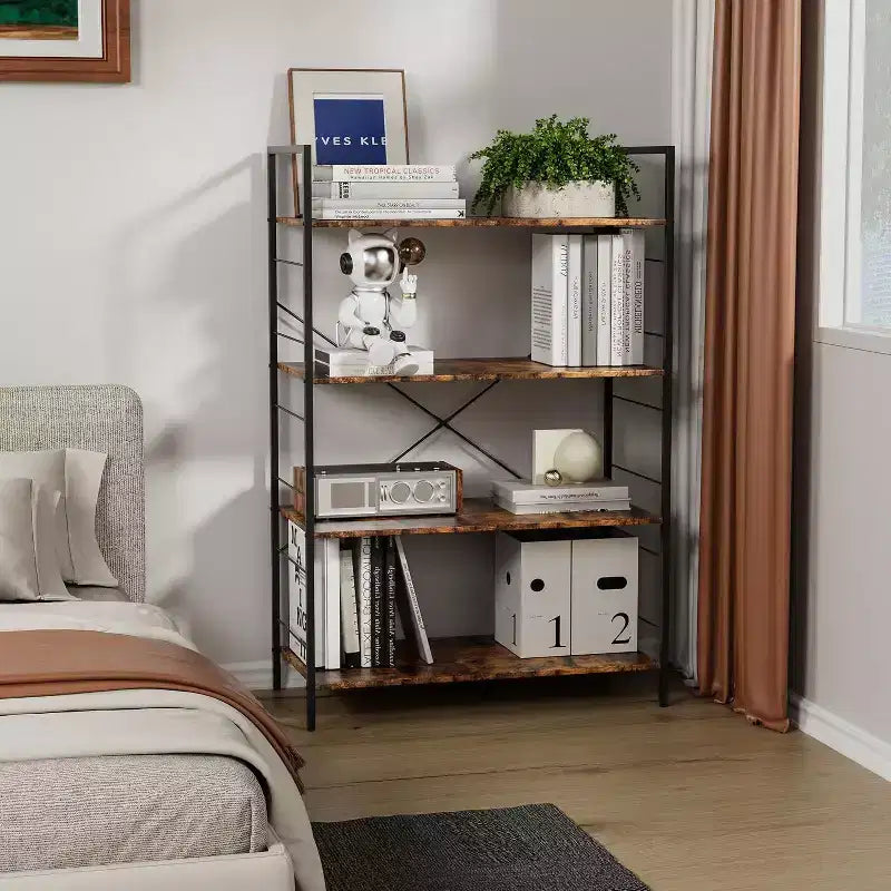 Acekool Étagère Industrielle à 4 Niveaux, Étagère de Rangement Marron avec Cadre en Acier, Barres en X, pour Salon Chambre Bureau, 76 x 35,5 x 114 cm