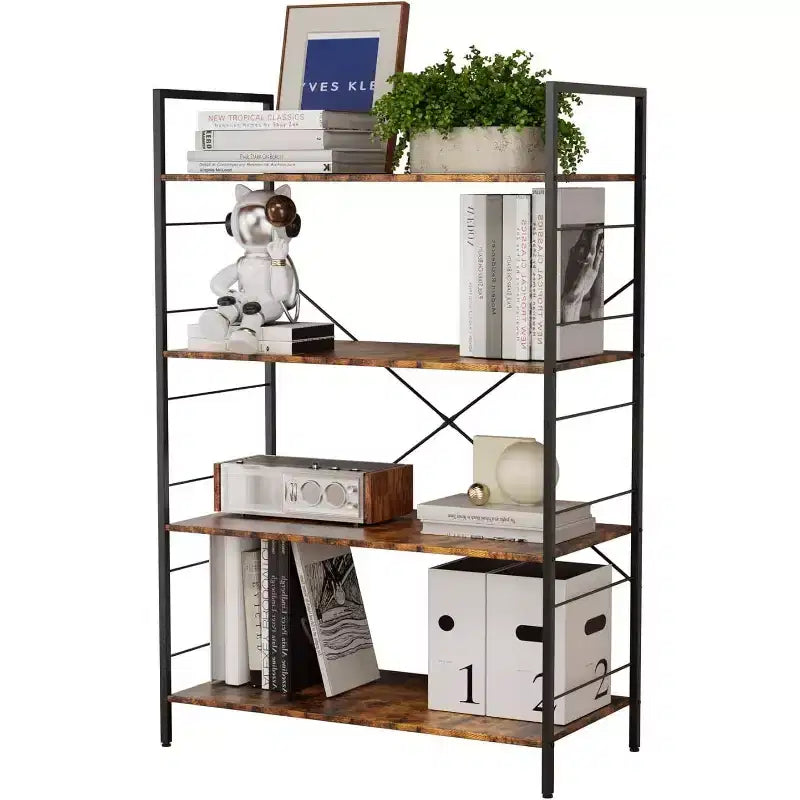 Acekool Étagère Industrielle à 4 Niveaux, Étagère de Rangement Marron avec Cadre en Acier, Barres en X, pour Salon Chambre Bureau, 76 x 35,5 x 114 cm