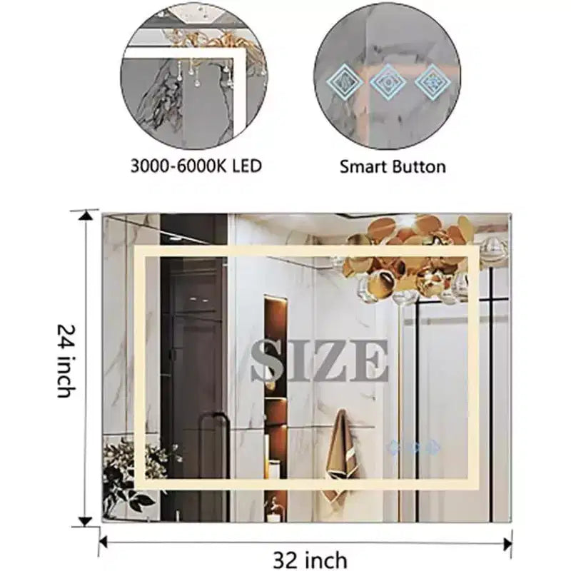 Miroir de salle de bain Acekool 32 x 24 pouces, miroir de courtoisie mural avec variateur tactile, mémoire intelligente, anti-buée et étanchéité IP54