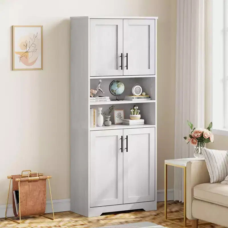 TROPOW 67 Armoire de rangement haute, Meuble de salle de bain haut avec 4 portes et étagères réglables, Placard pour salle à manger, Blanc antique