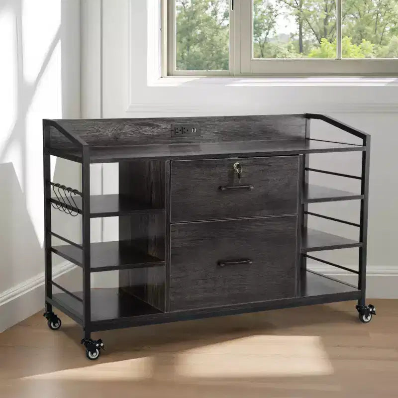 VEVOR Classeur métallique à 2 tiroirs, Classeur latéral avec serrure et 6 étagères ouvertes, Grands classeurs de rangement en bois avec multiprise, Gris
