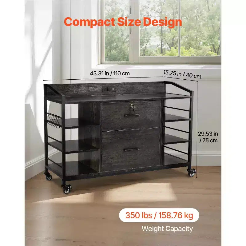 VEVOR Classeur métallique à 2 tiroirs, Classeur latéral avec serrure et 6 étagères ouvertes, Grands classeurs de rangement en bois avec multiprise, Gris