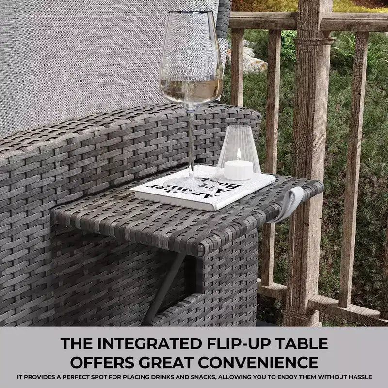 Fauteuil de relaxation d'extérieur avec dossier et repose-pieds réglables, chaise longue inclinable en résine tressée avec tablette relevable, pompe à air, 155° à plat