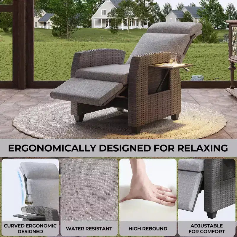 Fauteuil de relaxation d'extérieur avec dossier et repose-pieds réglables, chaise longue inclinable en résine tressée avec tablette relevable, pompe à air, 155° à plat