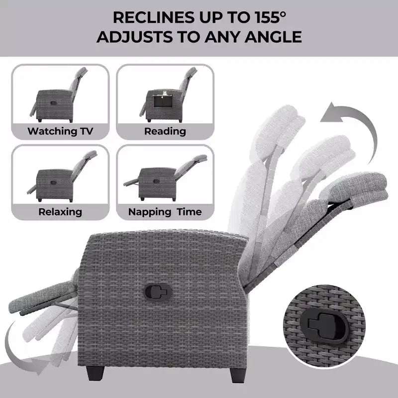 Fauteuil de relaxation d'extérieur avec dossier et repose-pieds réglables, chaise longue inclinable en résine tressée avec tablette relevable, pompe à air, 155° à plat