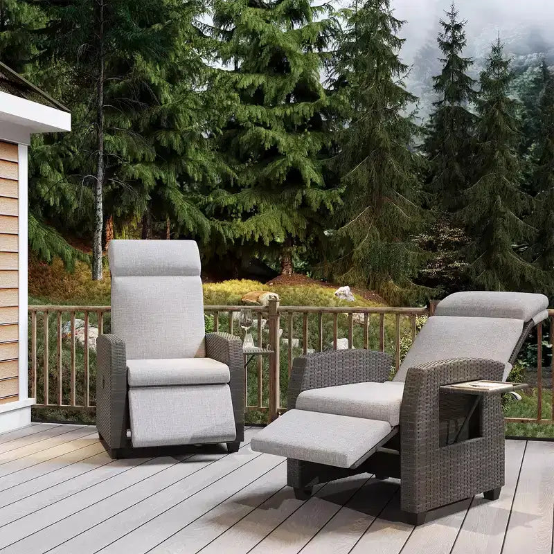 Fauteuil de relaxation d'extérieur avec dossier et repose-pieds réglables, chaise longue inclinable en résine tressée avec tablette relevable, pompe à air, 155° à plat