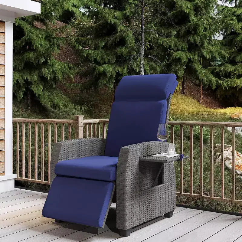 Fauteuil de relaxation d'extérieur avec dossier et repose-pieds réglables, chaise longue inclinable en résine tressée avec tablette relevable, pompe à air, 155° à plat