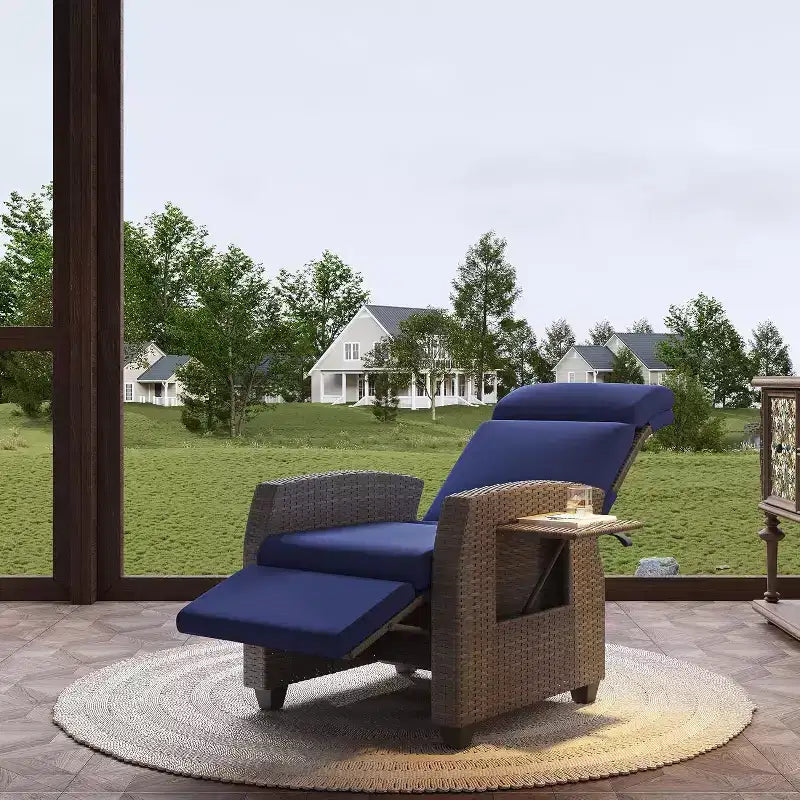 Fauteuil de relaxation d'extérieur avec dossier et repose-pieds réglables, chaise longue inclinable en résine tressée avec tablette relevable, pompe à air, 155° à plat
