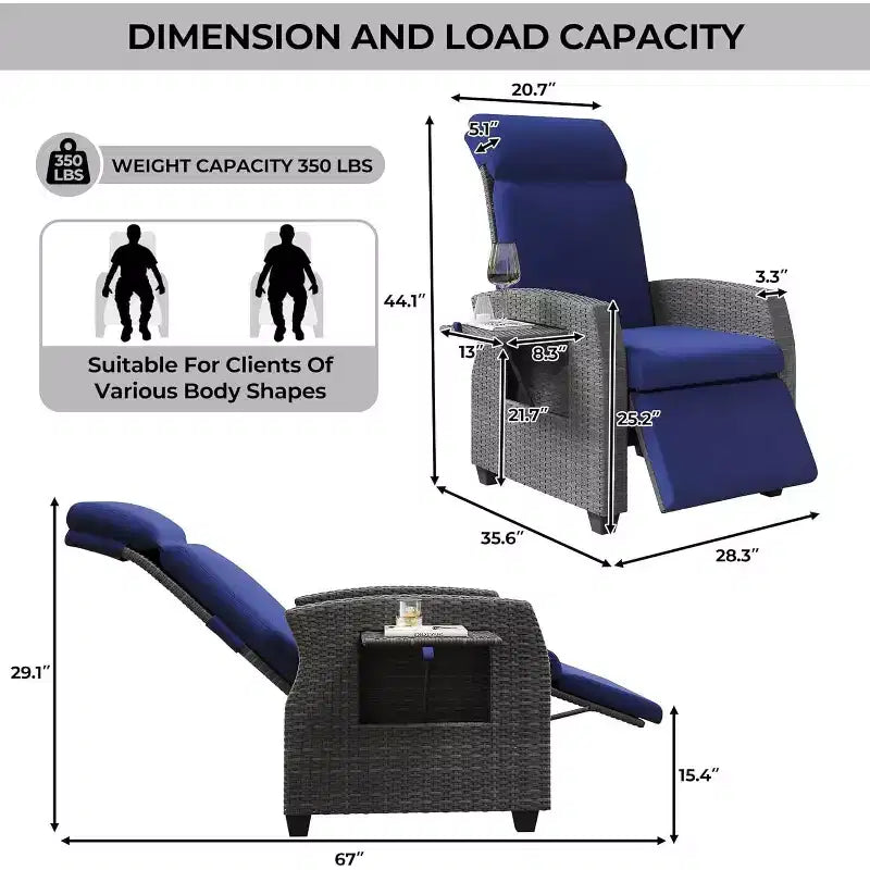 Fauteuil de relaxation d'extérieur avec dossier et repose-pieds réglables, chaise longue inclinable en résine tressée avec tablette relevable, pompe à air, 155° à plat